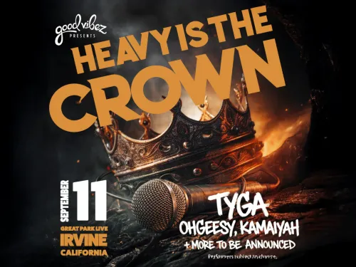 Graphic flyer for 'Heavy Is The Crown' concert with a gold crown, microphone, and fire.