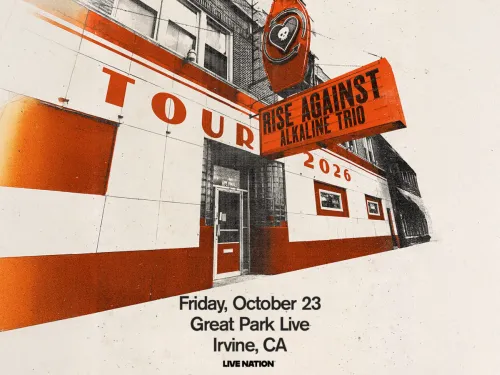 Graphic of a red and cream building with "TOUR" and "RISE AGAINST 2020" signs.