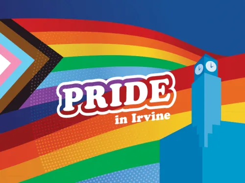 Graphic with Progress Pride flag, "PRIDE in Irvine" text, and a blue clock tower.