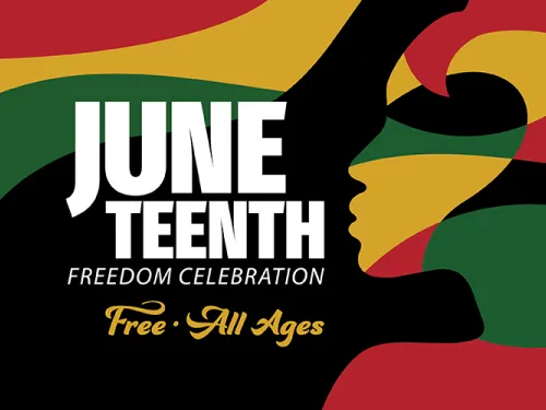 Juneteenth Freedom Celebration graphic with stylized face and Pan-African colors.