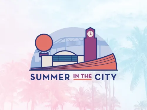 "Summer in the City" graphic logo with stylized city buildings and palm trees.
