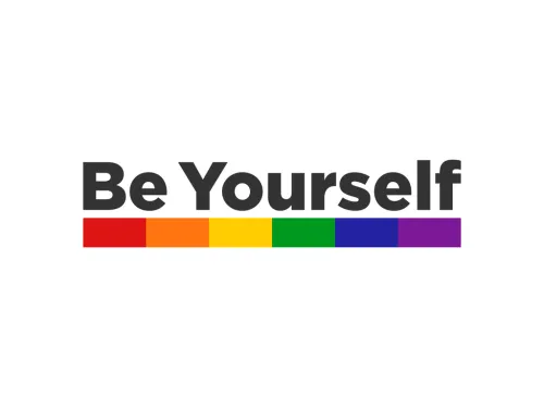 Graphic: "Be Yourself" above a rainbow stripe.