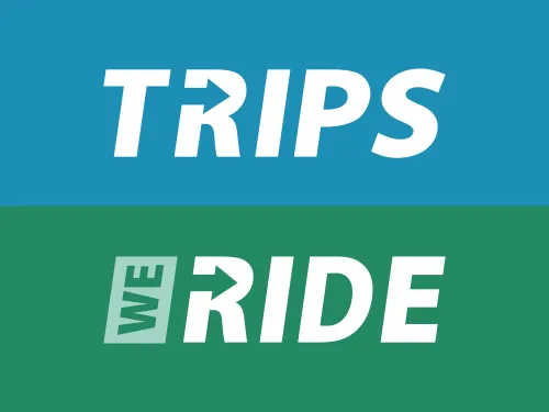 "TRIPS" logo on blue, "WE RIDE" logo on green. Both R's include a right-pointing arrow.